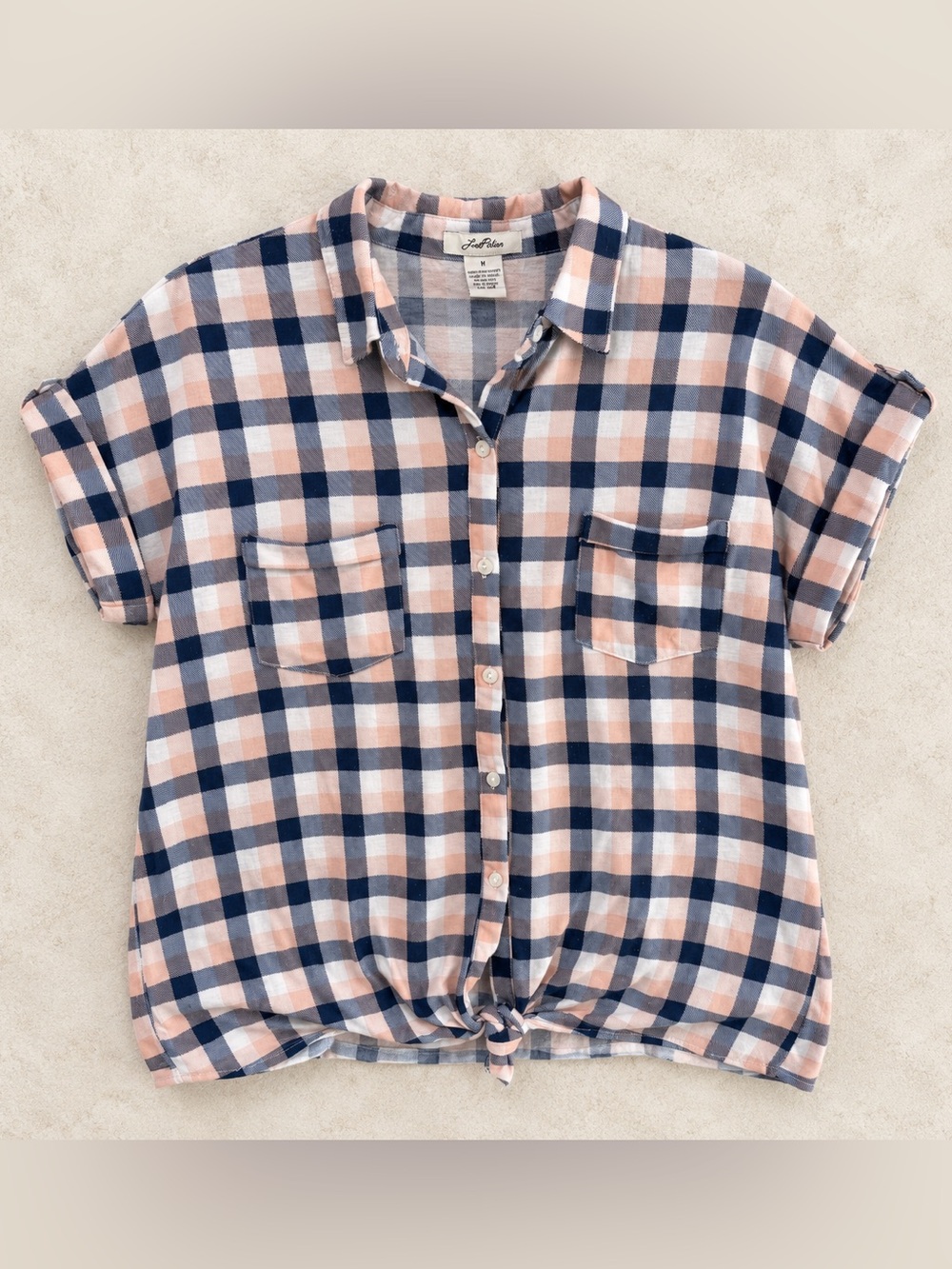 Navy, Pink & White Plaid Tie-Front Button-Down Shirt